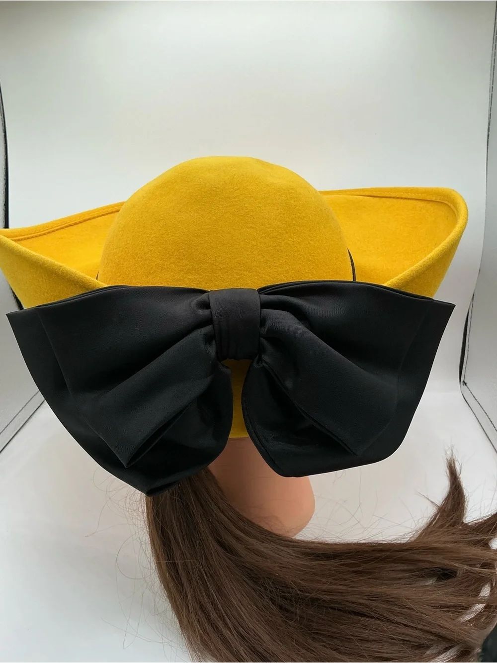 Sylvia vintage yellow wool dress hat with a large black bow